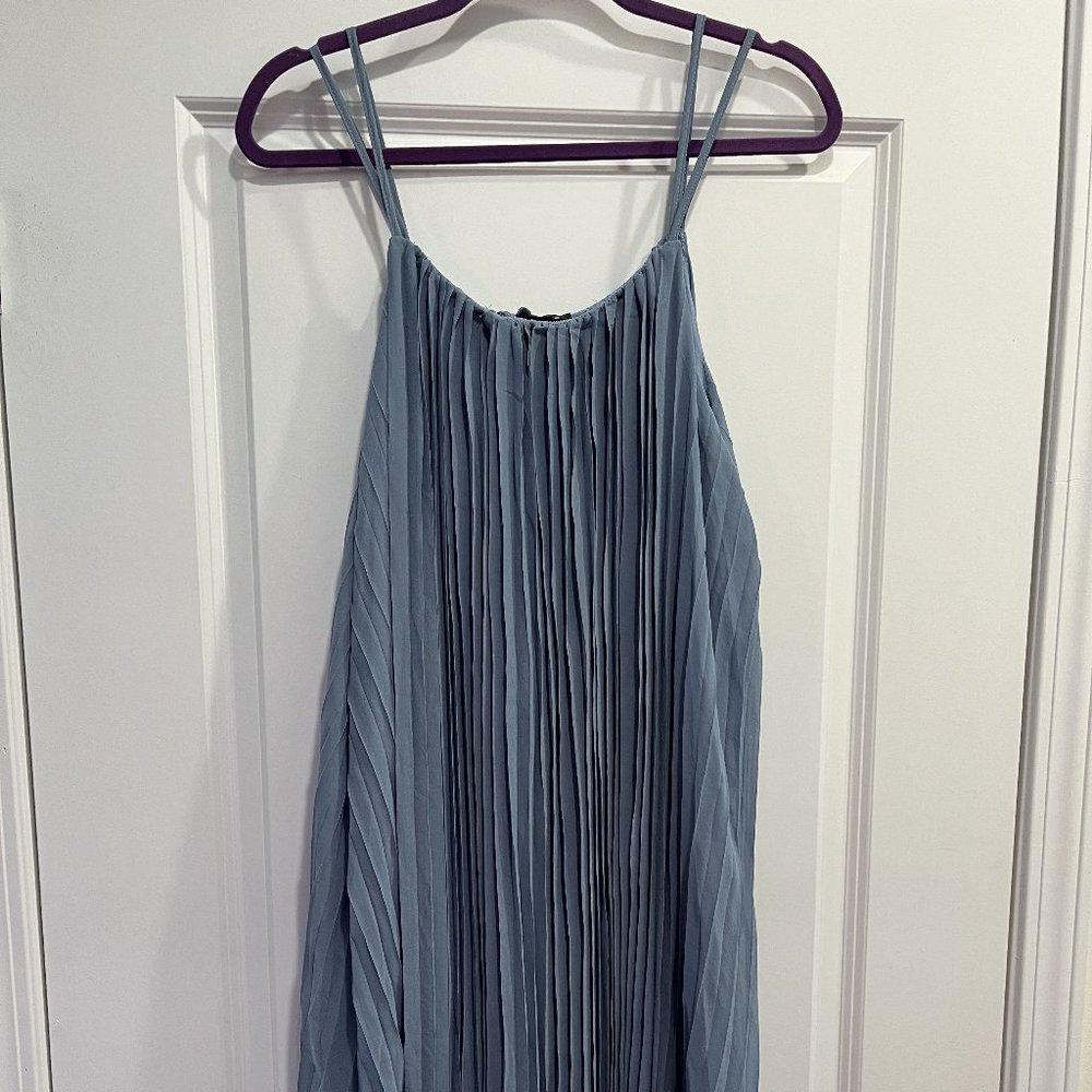 Aakaa Blue Accordion Chiffon Maxi Dress